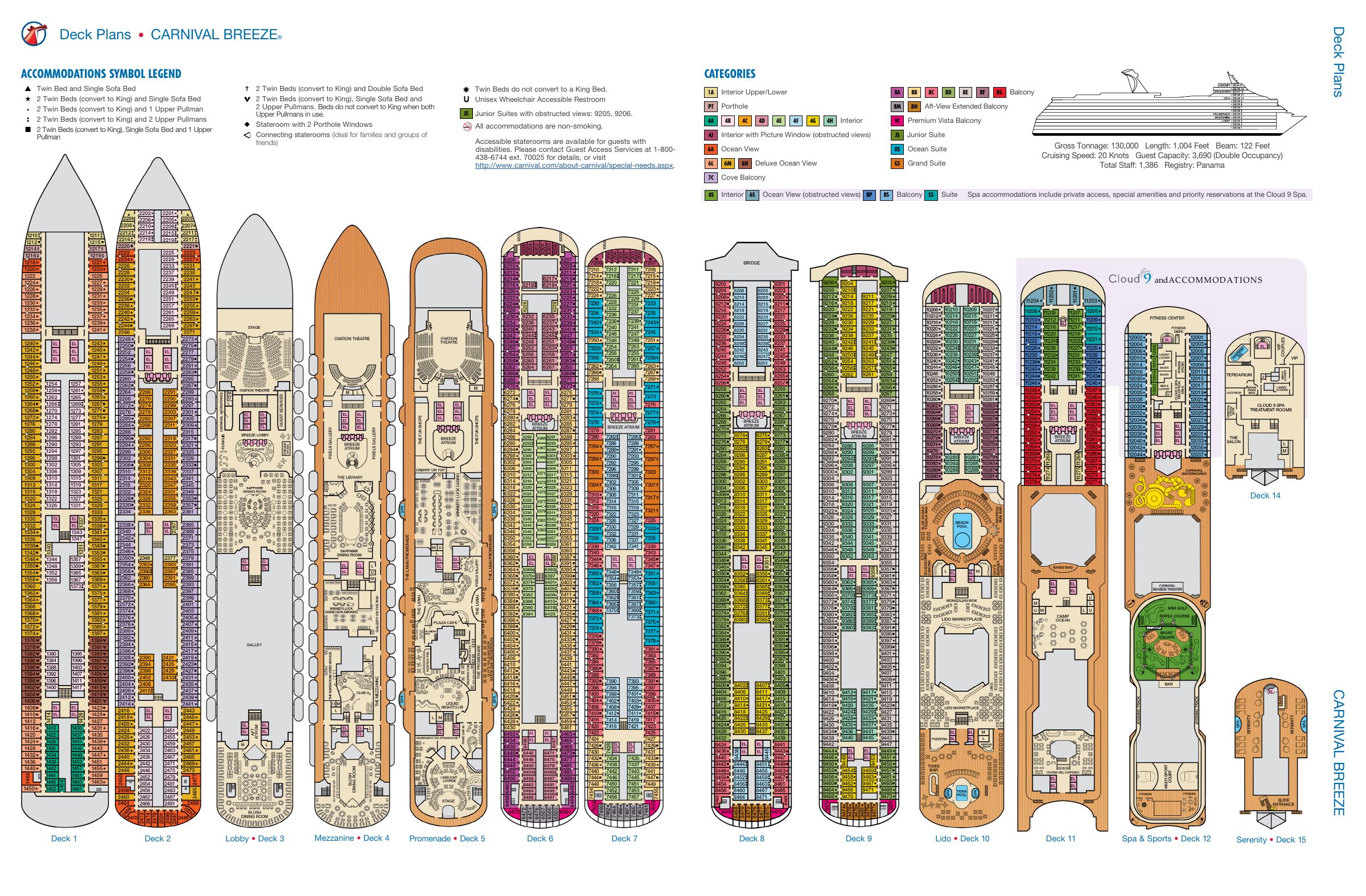 Carnival Breeze, All decks deck plan