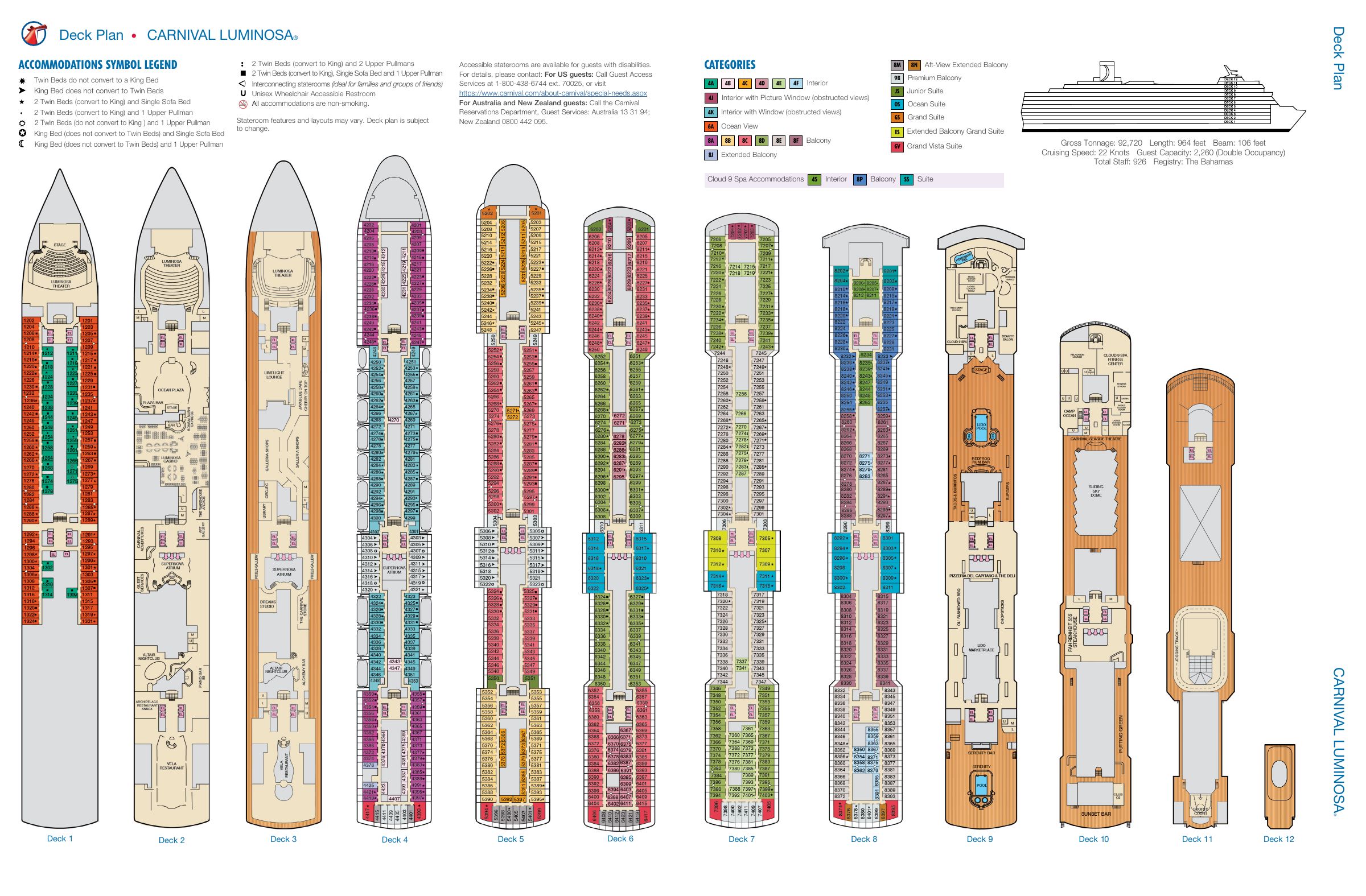 Carnival Luminosa, All decks deck plan