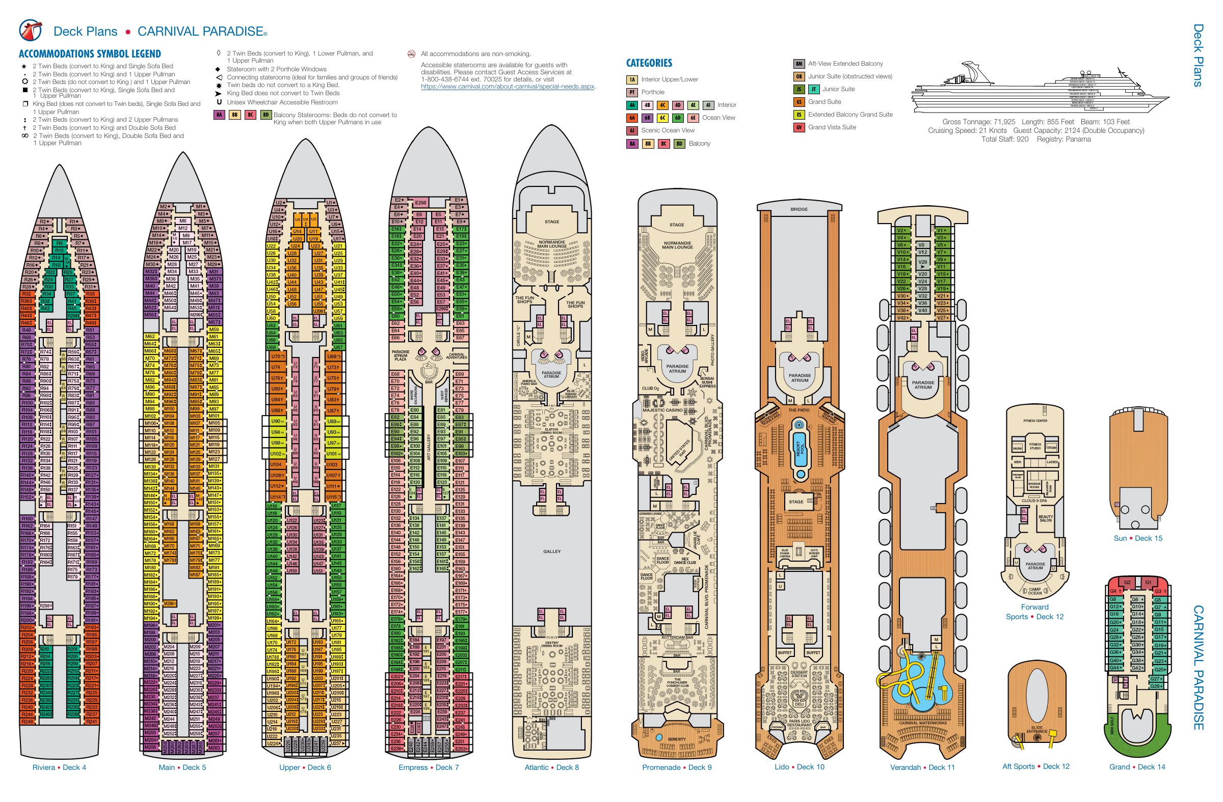 Carnival Paradise, All decks deck plan
